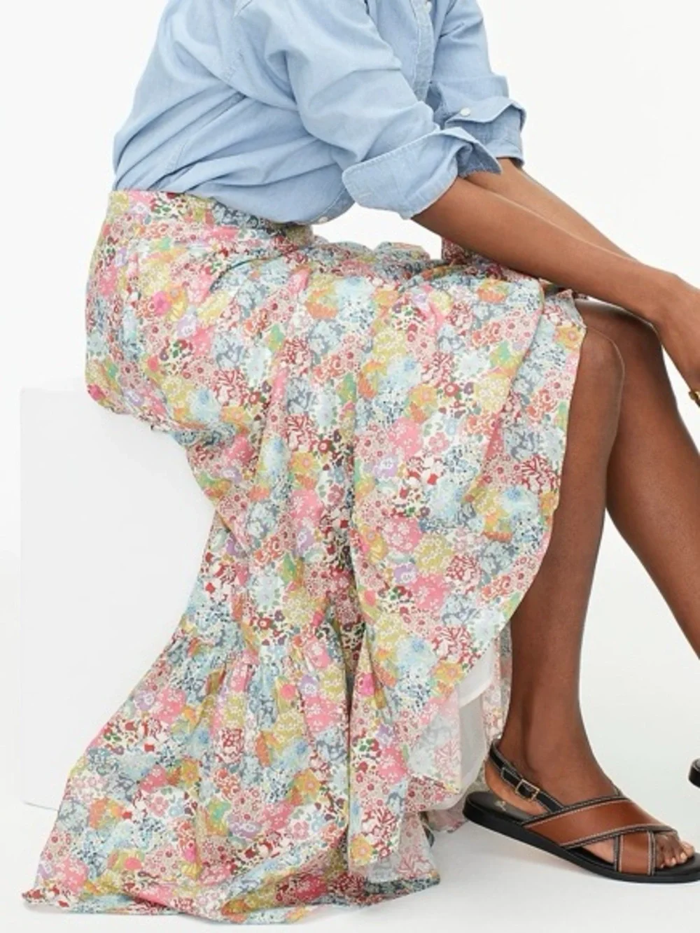 J. Crew Liberty Floral Tiered Maxi Skirt — Pink, Blue, Yellow size 12